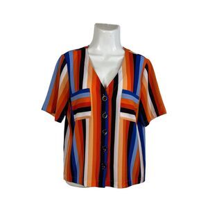 Leighton Womens Vertical Stripe Button Up Blouse Medium V-Neck Short Sleeve Top